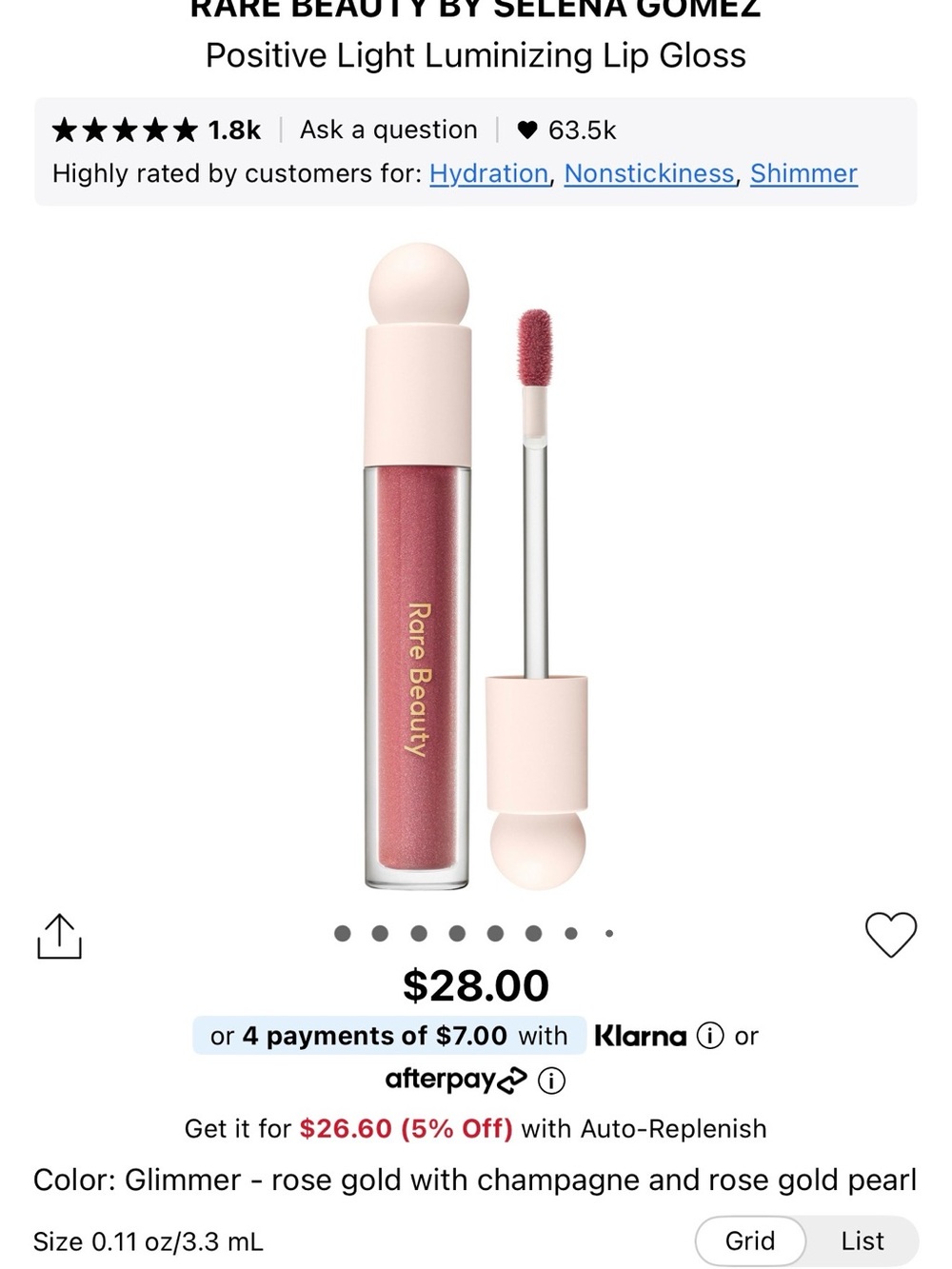 Brand new Rare Beauty Positive Light Luminizing Lip Gloss — Glimmer full size